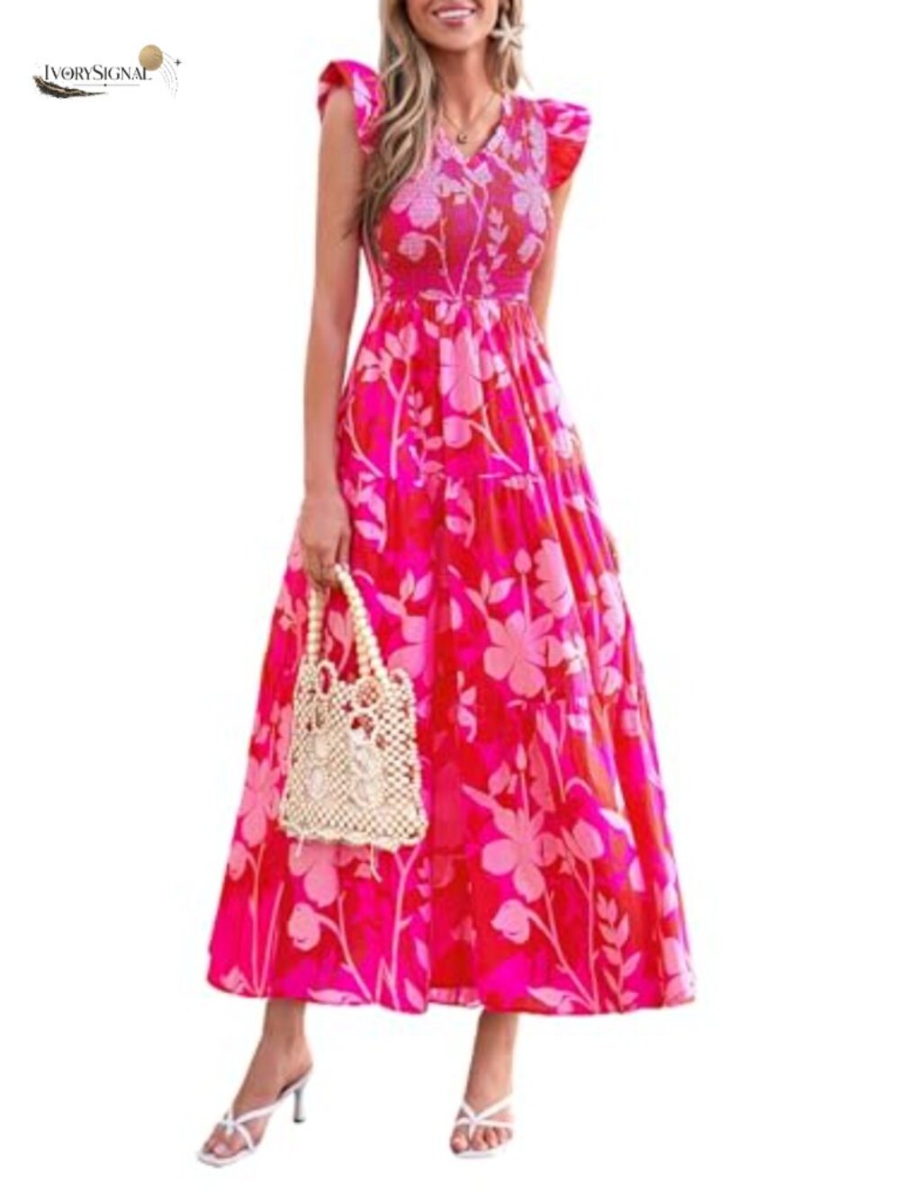Smocked Boho Floral Maxi Dress V-Neck Cap Sleeve Fit & Flare